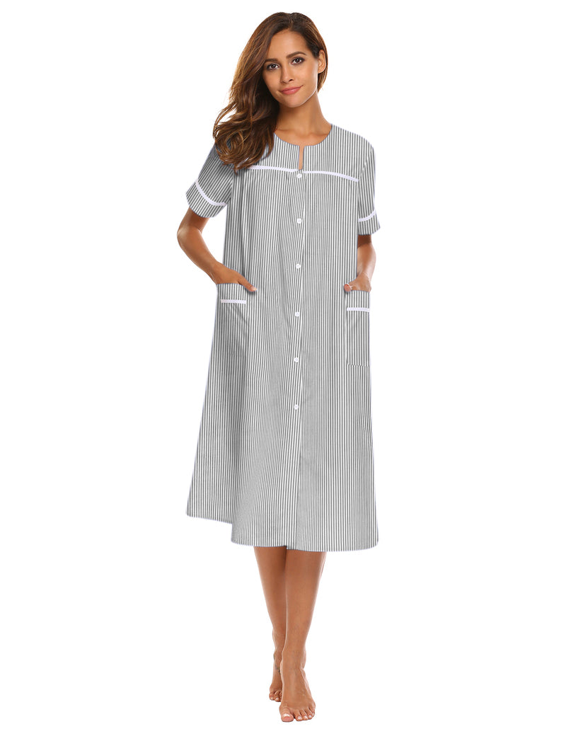 Gray striped button-down house dress with short sleeves, pockets, curved neckline, front buttons