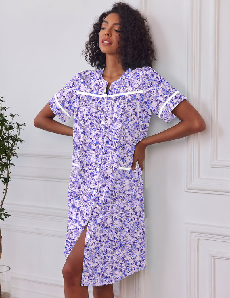 Purple button-down house dress with short sleeves, pockets, split hem, front buttons