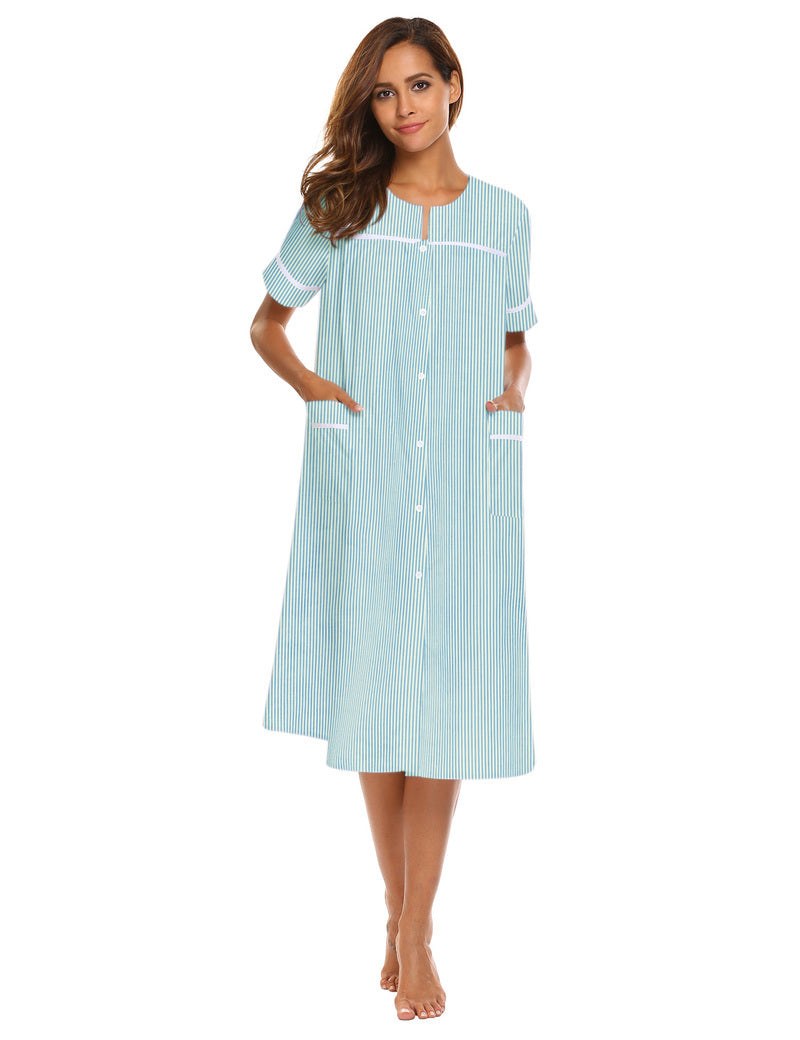 Light blue striped button-down house dress with short sleeves, pockets, curved neckline, buttons