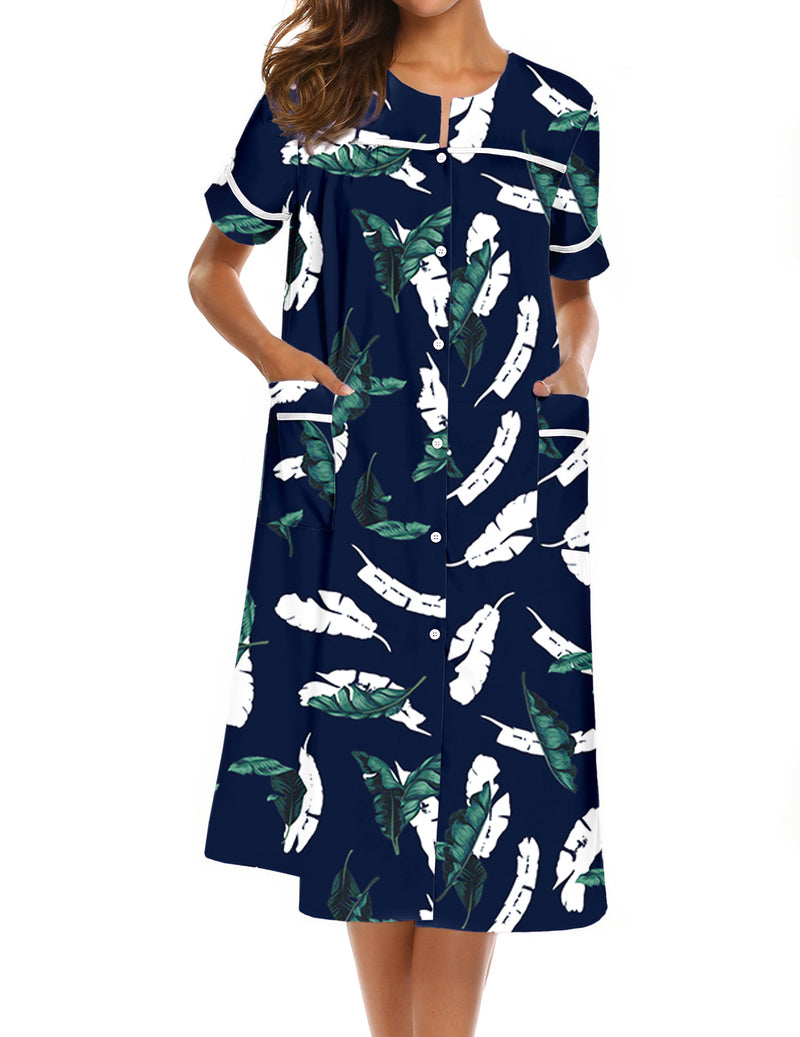 Navy button-down house dress with short sleeves, white feather print