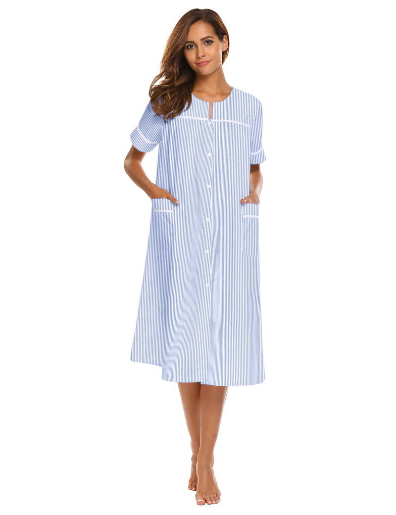 Light blue striped button-down house dress with short sleeves and front buttons