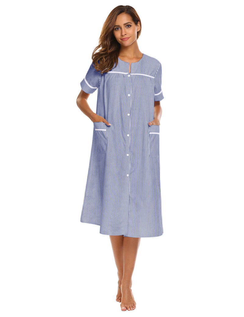 Light blue striped button-down house dress with short sleeves, front button placket
