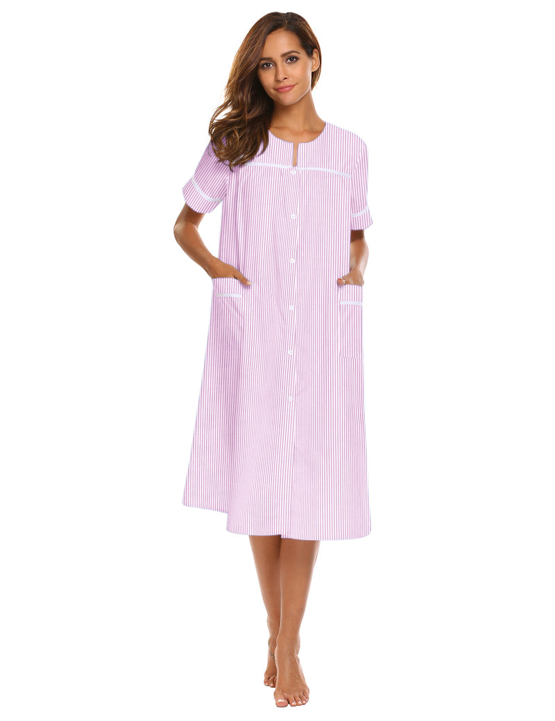 Pink striped button-down house dress with short sleeves and front buttons