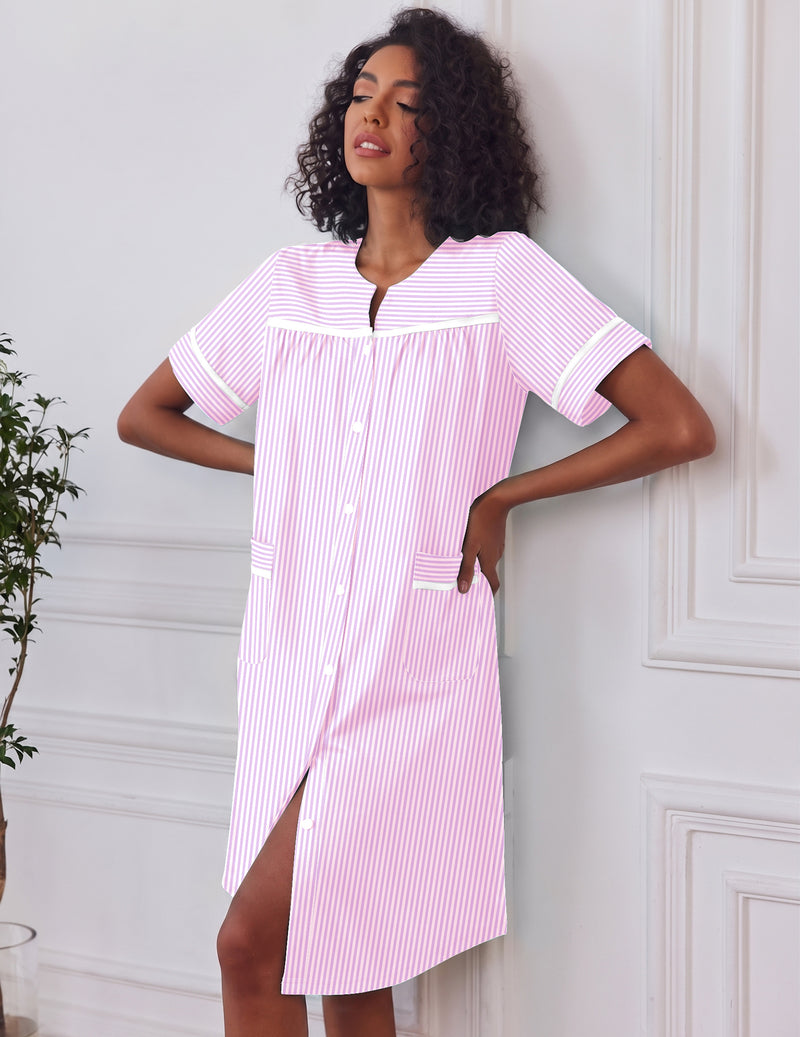 Pink striped button-down house dress with short sleeves, chest pocket, front buttons