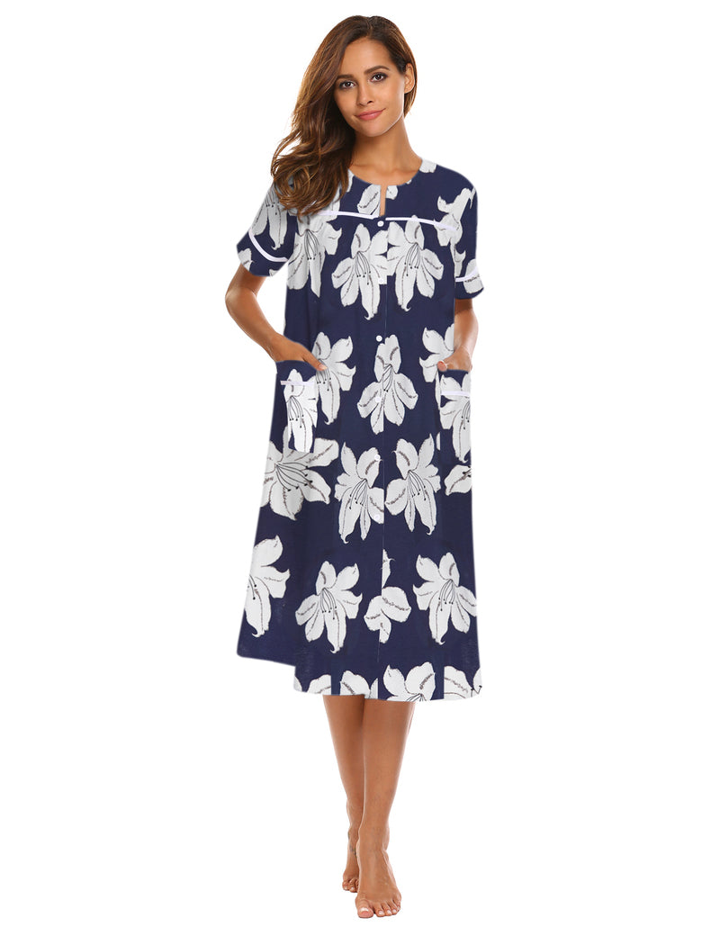 Navy floral button-down house dress with short sleeves and front buttons