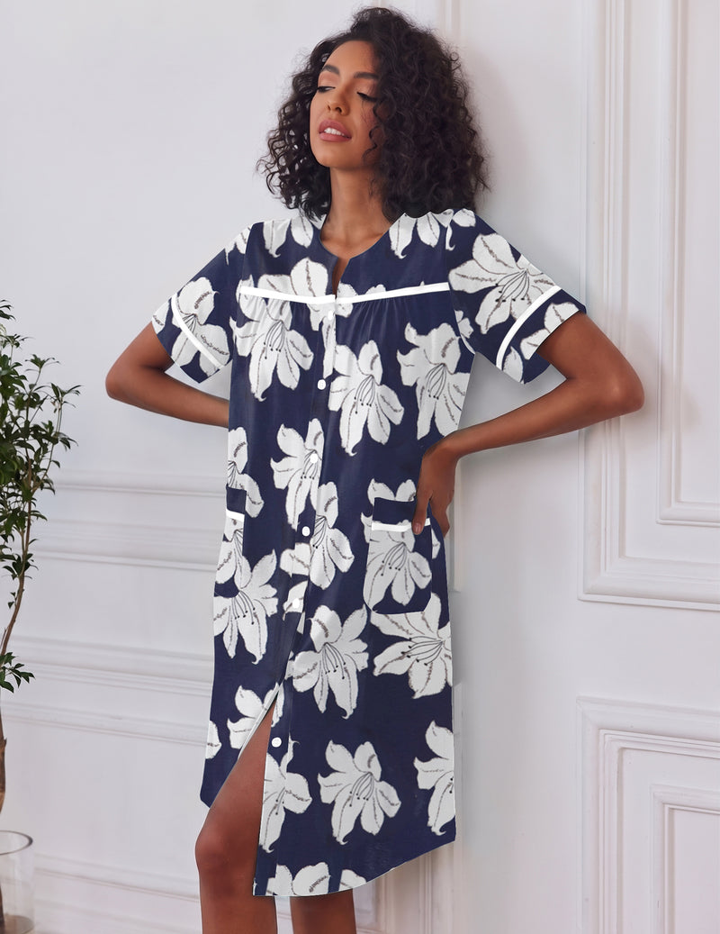 Navy floral button-down house dress with short sleeves, front buttons, side slit