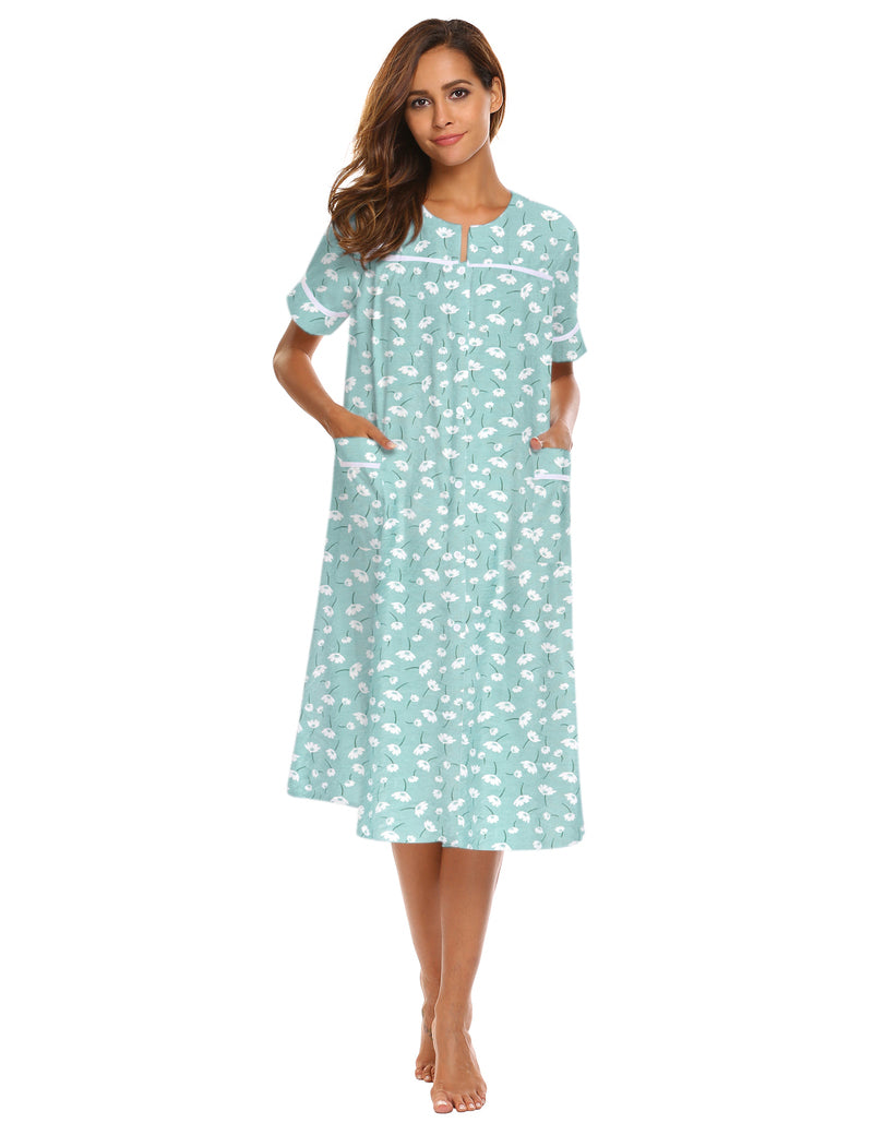 Button-down short-sleeve house dress in mint green ditsy floral print with pockets