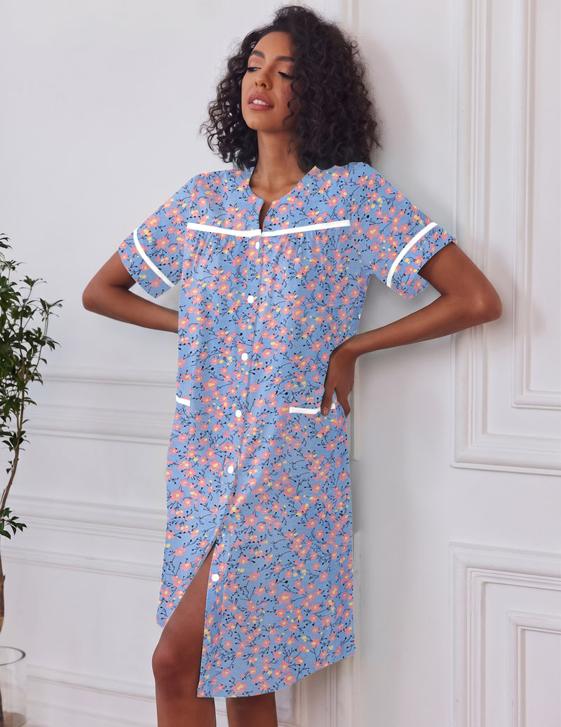 Button-down short-sleeve house dress in blue with coral floral print and front slit