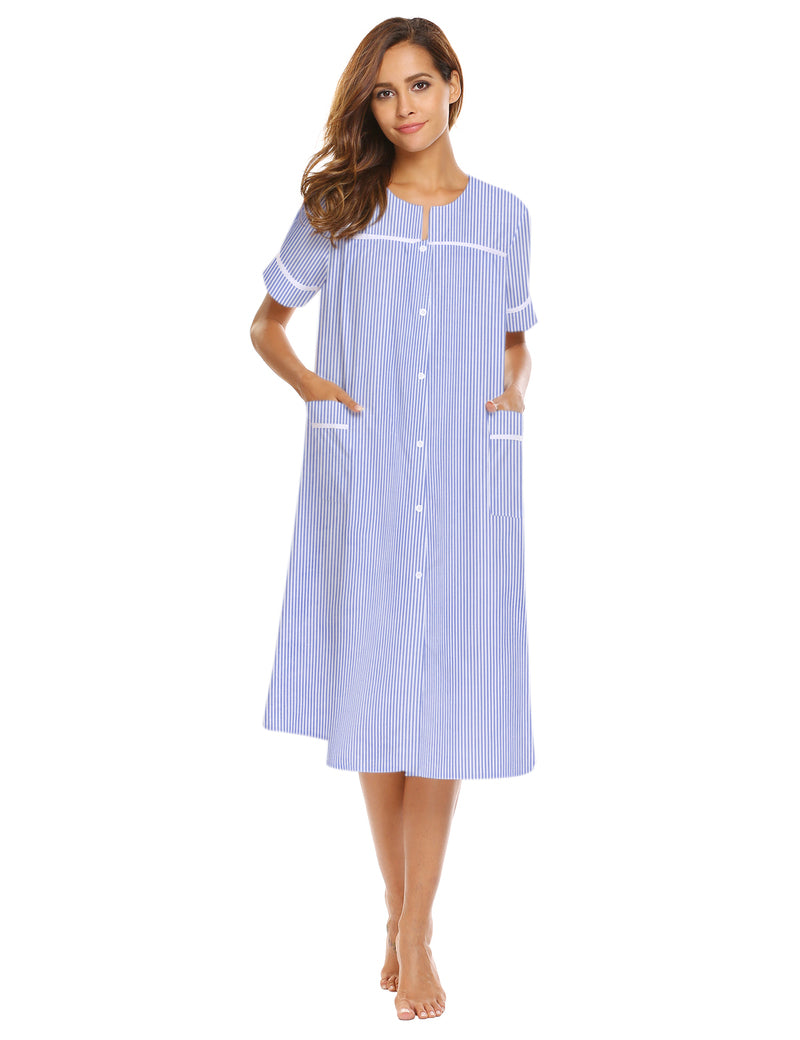 Button-down short-sleeve house dress in light purple with vertical stripes and pockets