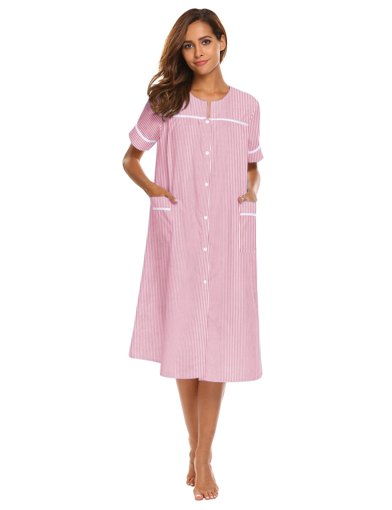 Button-down short-sleeve house dress in pink with vertical stripes and front button placket