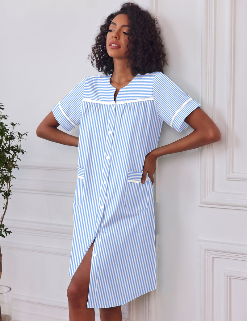 Button-down short-sleeve house dress in light blue with white vertical stripes and pockets
