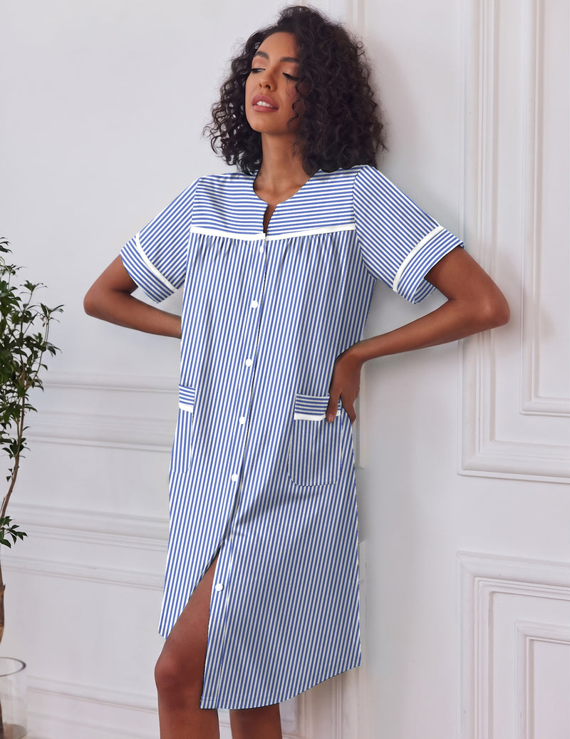 Button-down short sleeve house dress, navy and white striped, side pockets