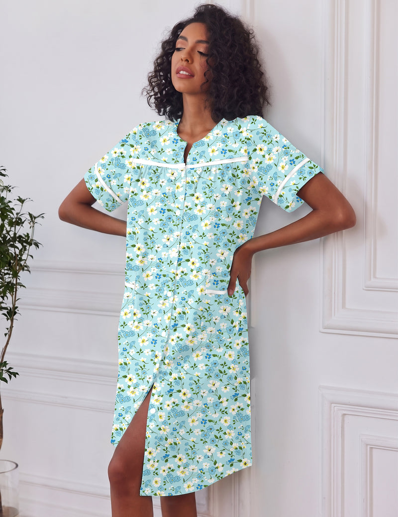 Button-down short sleeve house dress, blue floral print, side pockets