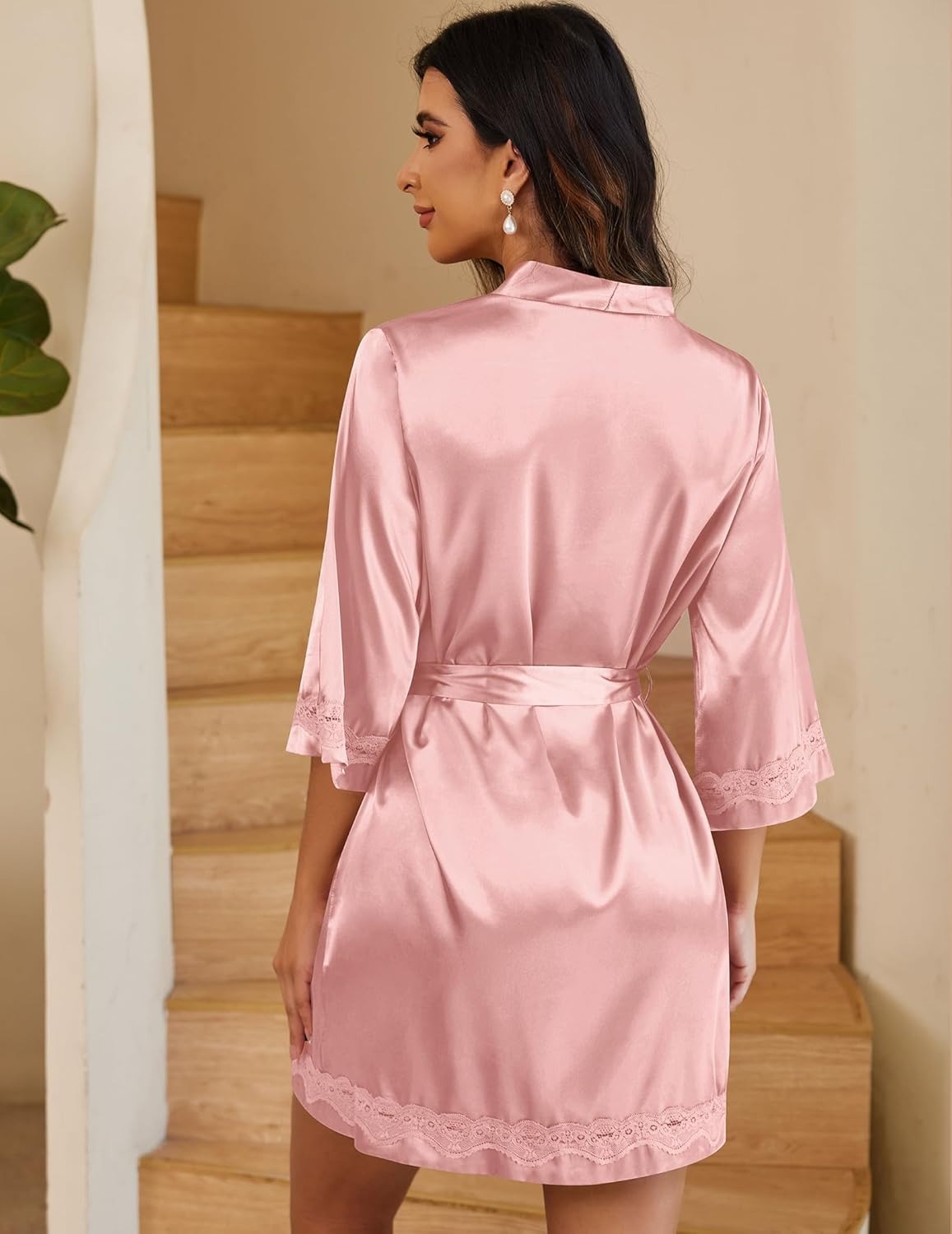 Ekouaer 3/4 Sleeve Lace-Trim Satin Robe (US Only)