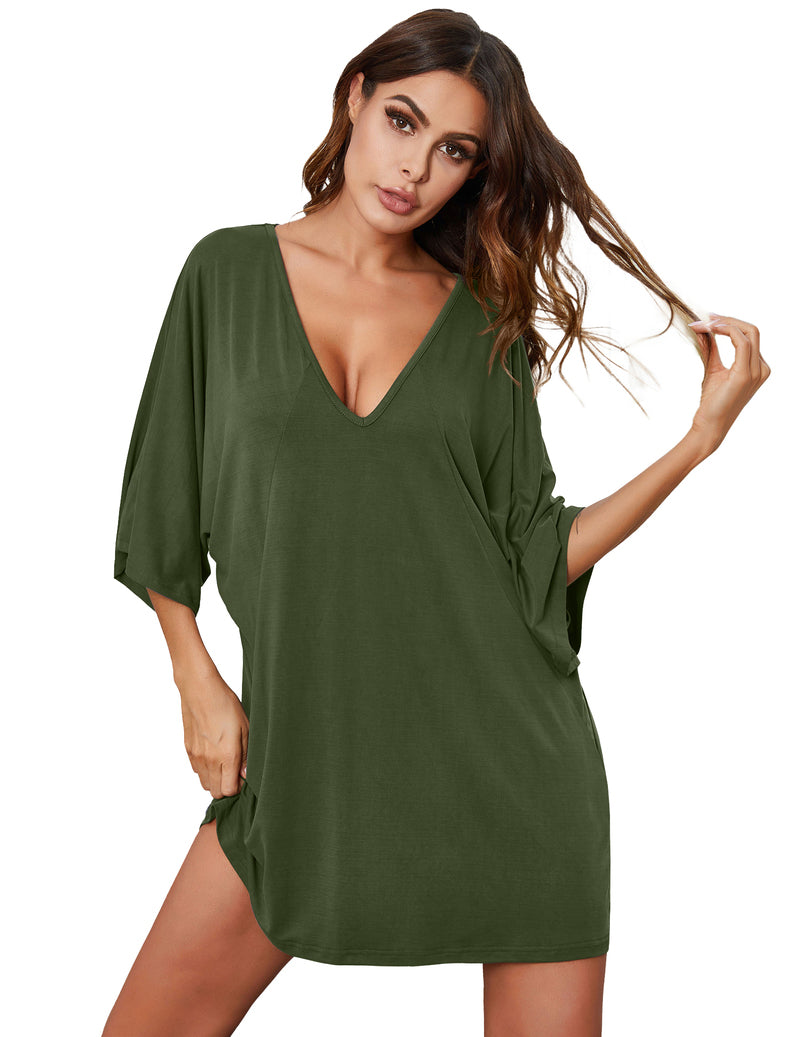 Solid Deep V Neck Batwing Nightshirt Dress