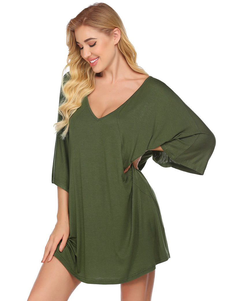 Solid Deep V Neck Batwing Nightshirt Dress