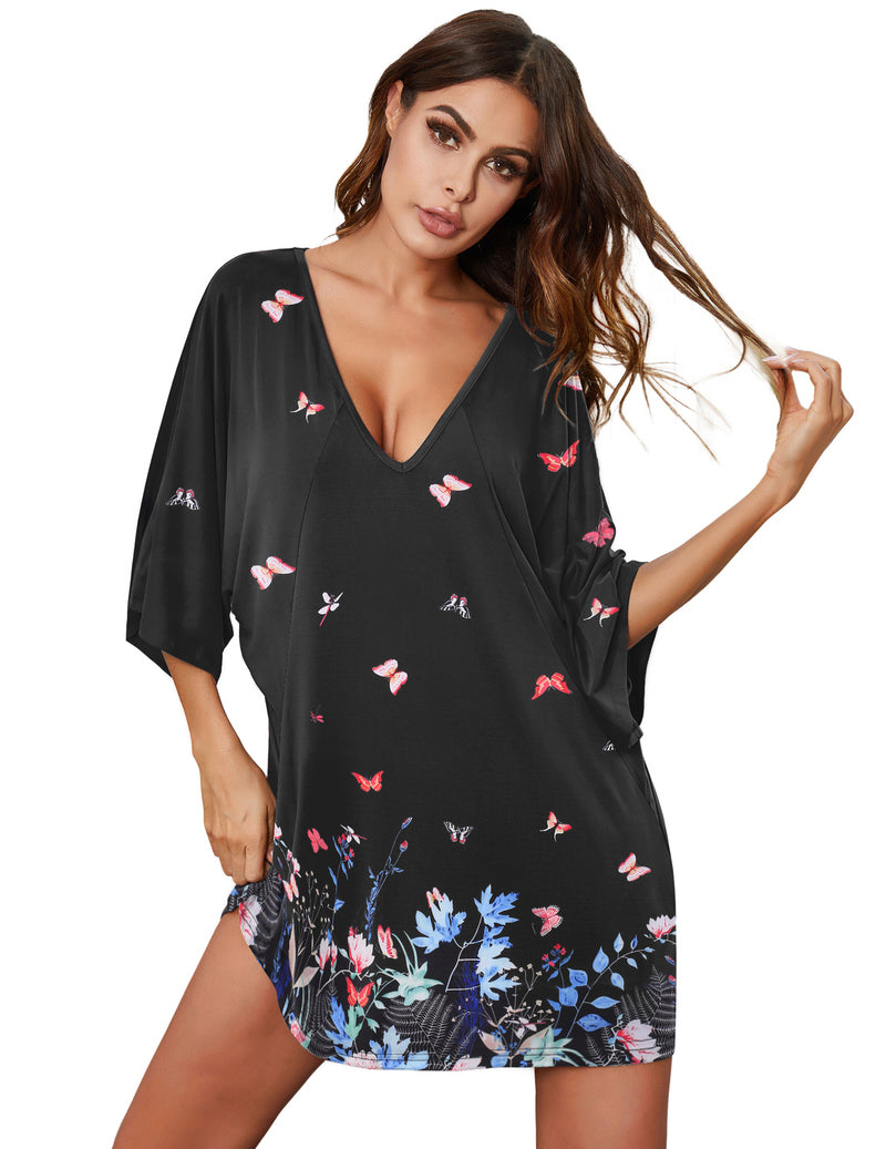 Deep V Neck Batwing Nightshirt Oversized Sleepwear