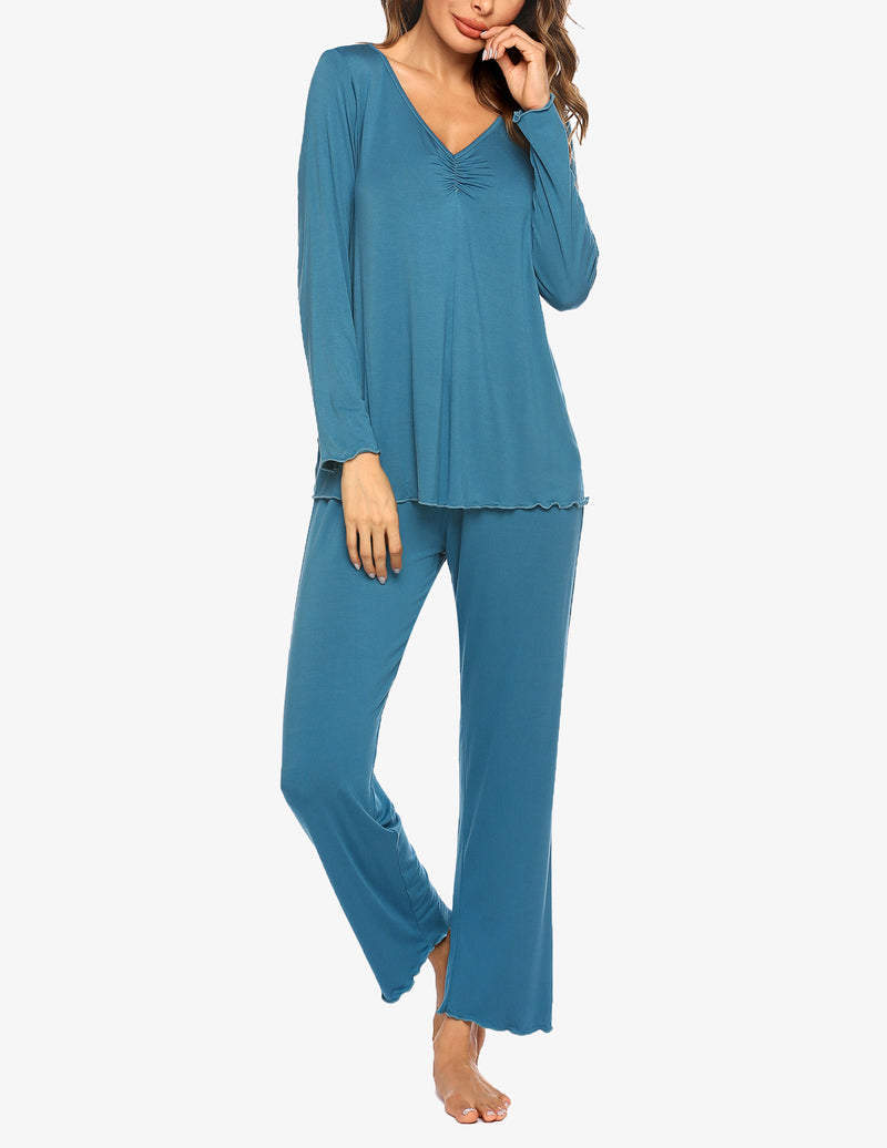 Ekouaer Ruched V-Neck Pajamas Set (US Only)
