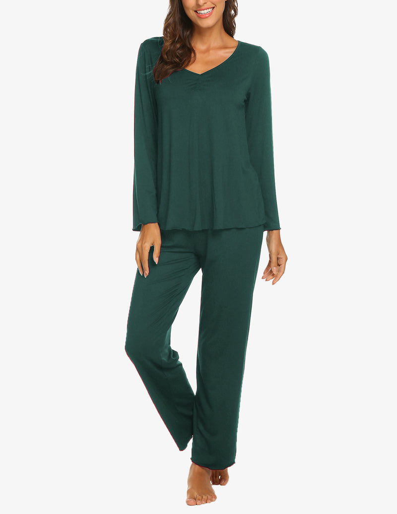 Ekouaer Ruched V-Neck Pajamas Set (US Only)