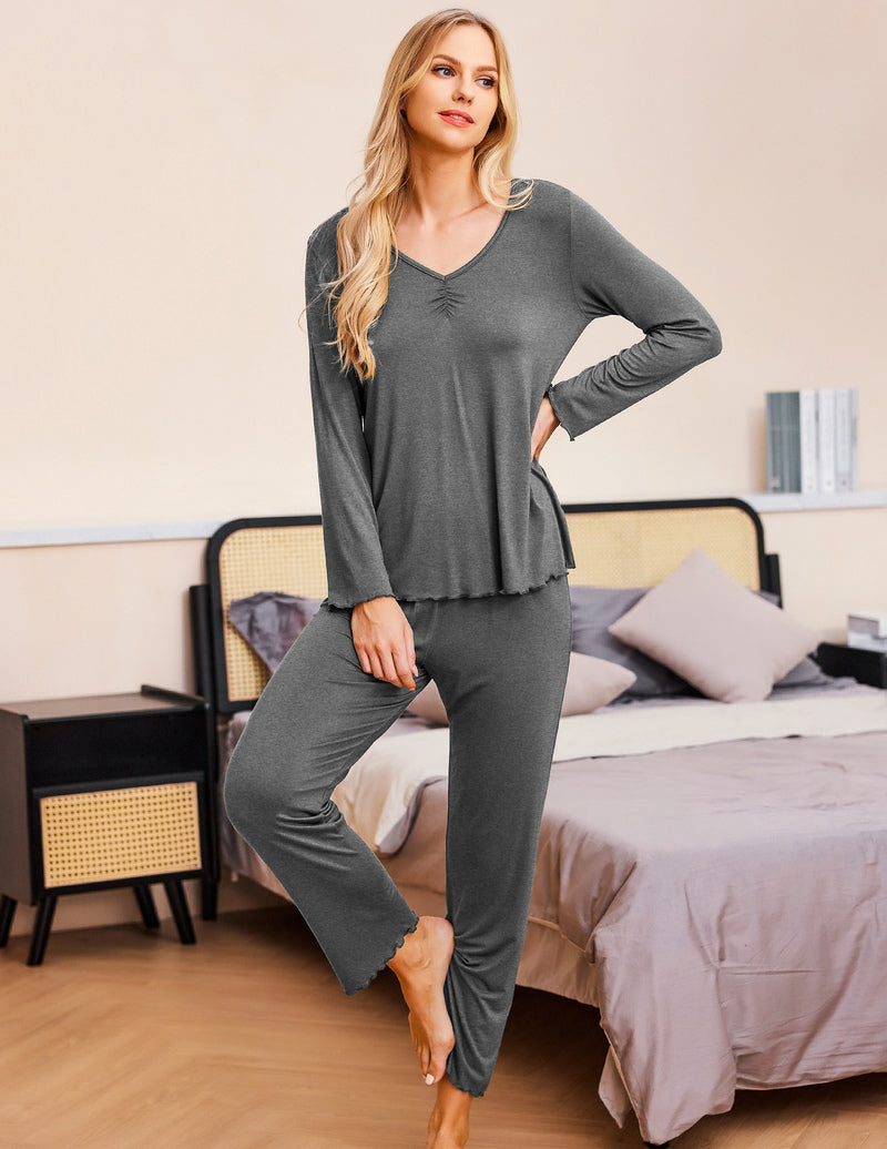 Ekouaer Ruched V-Neck Pajamas Set (US Only)