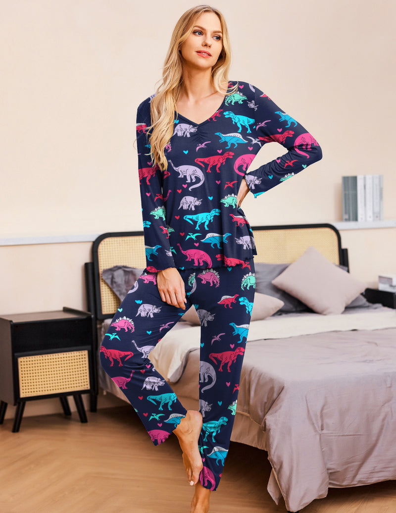Ekouaer Ruched V-Neck Pajamas Set (US Only)