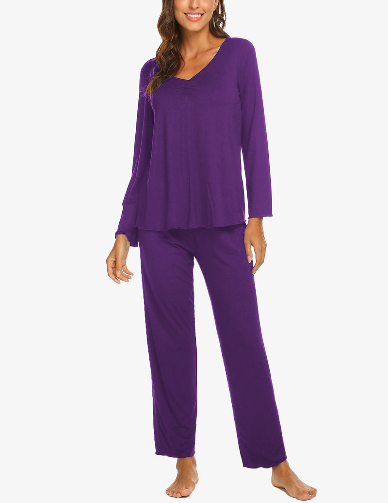 Ekouaer Ruched V-Neck Pajamas Set (US Only)