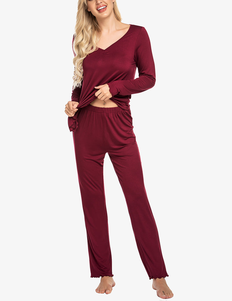 Ekouaer Ruched V-Neck Pajamas Set (US Only)