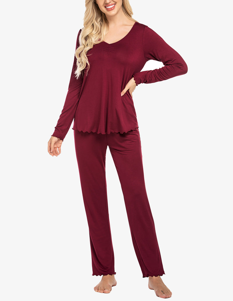 Ekouaer Ruched V-Neck Pajamas Set (US Only)