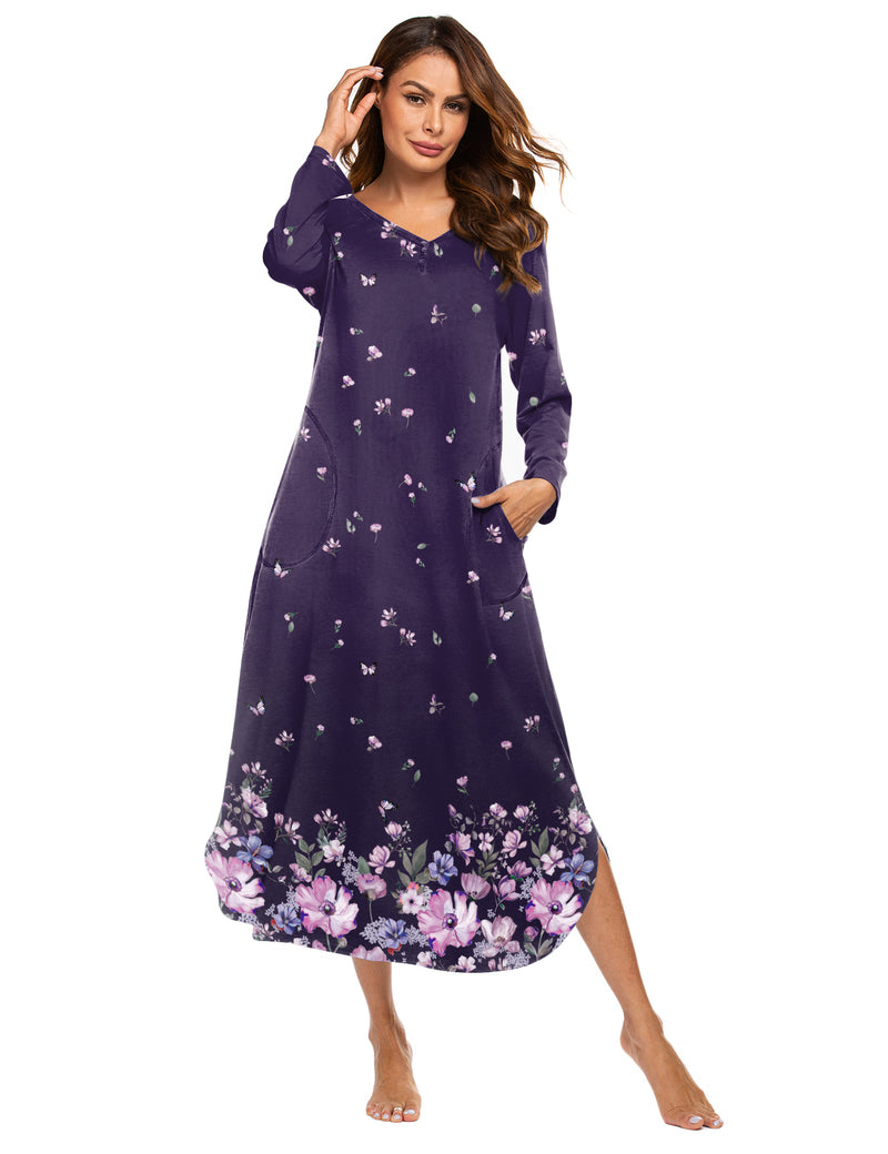 Ekouaer V Neck Nightshirt Full Length Sleepshirt