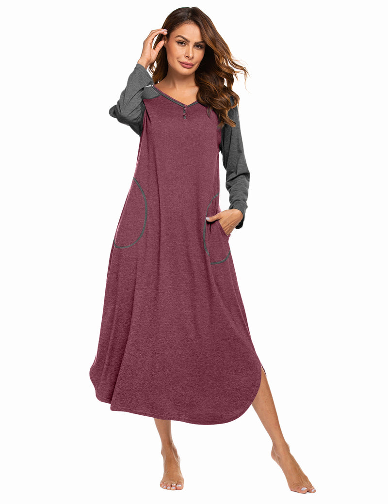 Ekouaer V Neck Nightshirt Full Length Sleepshirt