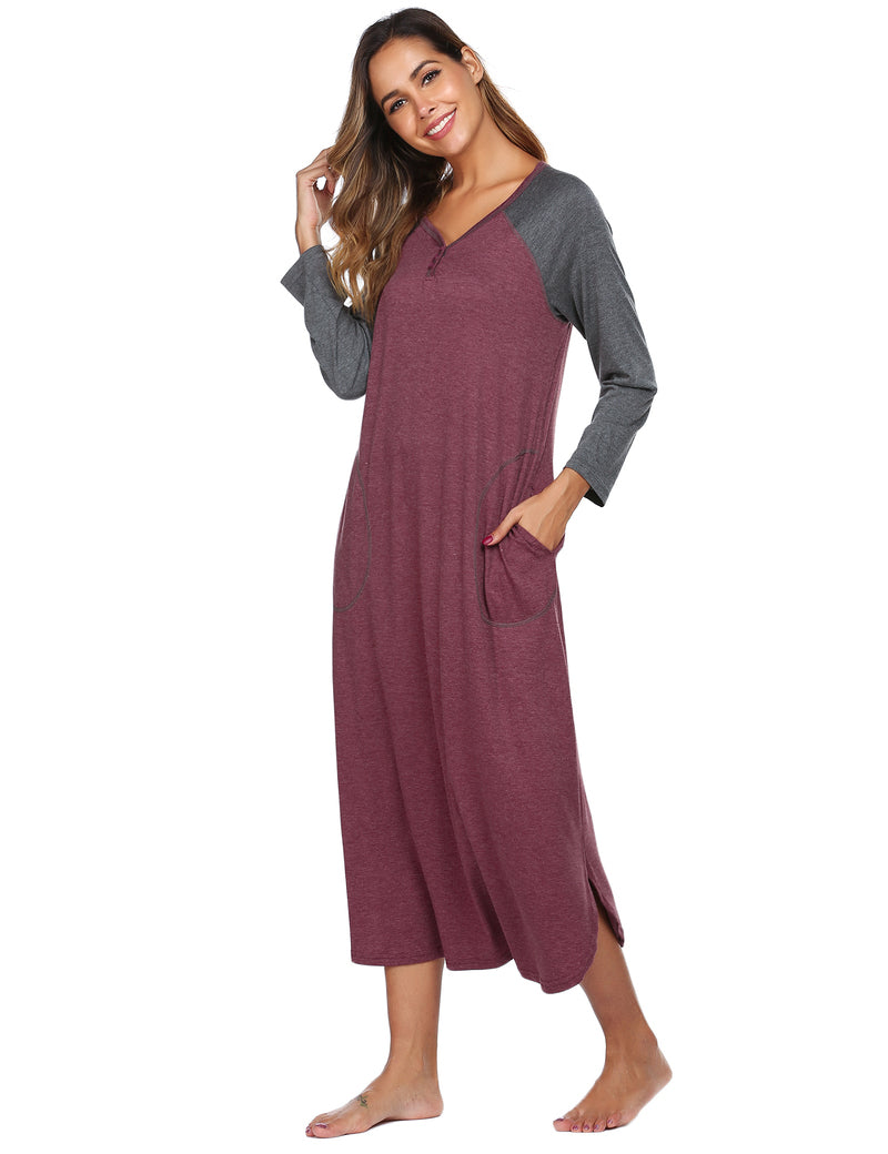 Ekouaer V Neck Nightshirt Full Length Sleepshirt