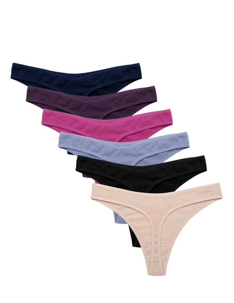 6-pack low-waist cotton G-string thongs in navy, purple, pink, gray, black, beige