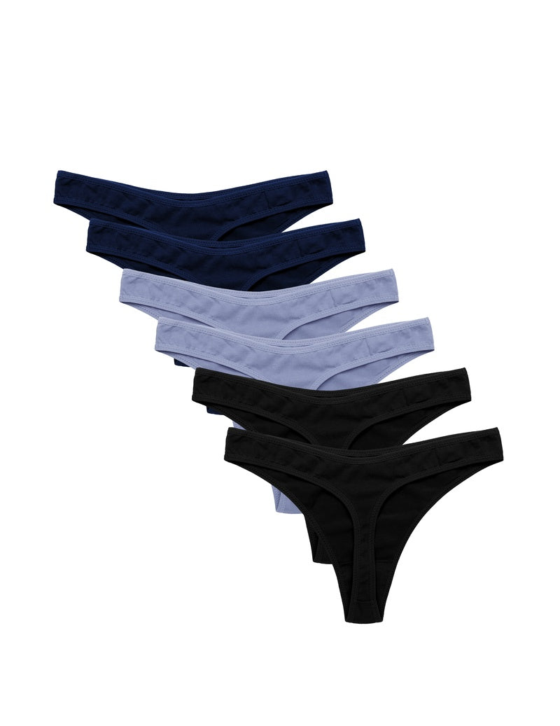 6-pack low-waist cotton G-string thongs in navy, gray, black tones