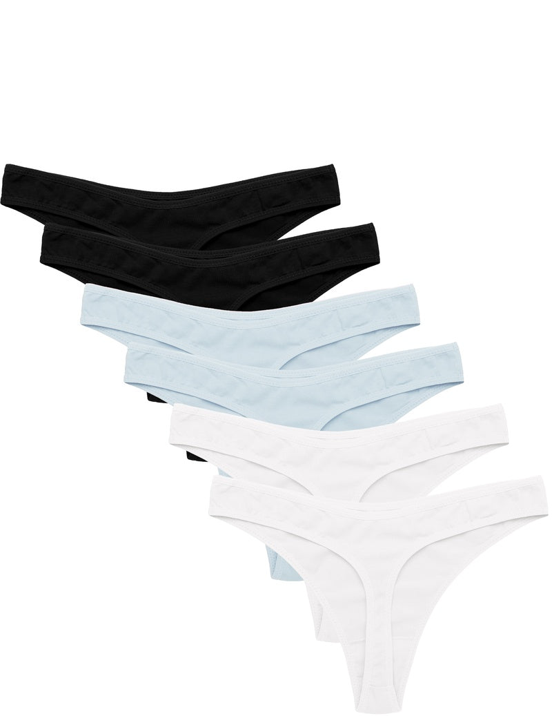 6-pack low-waist cotton G-string thongs in black, light blue, white
