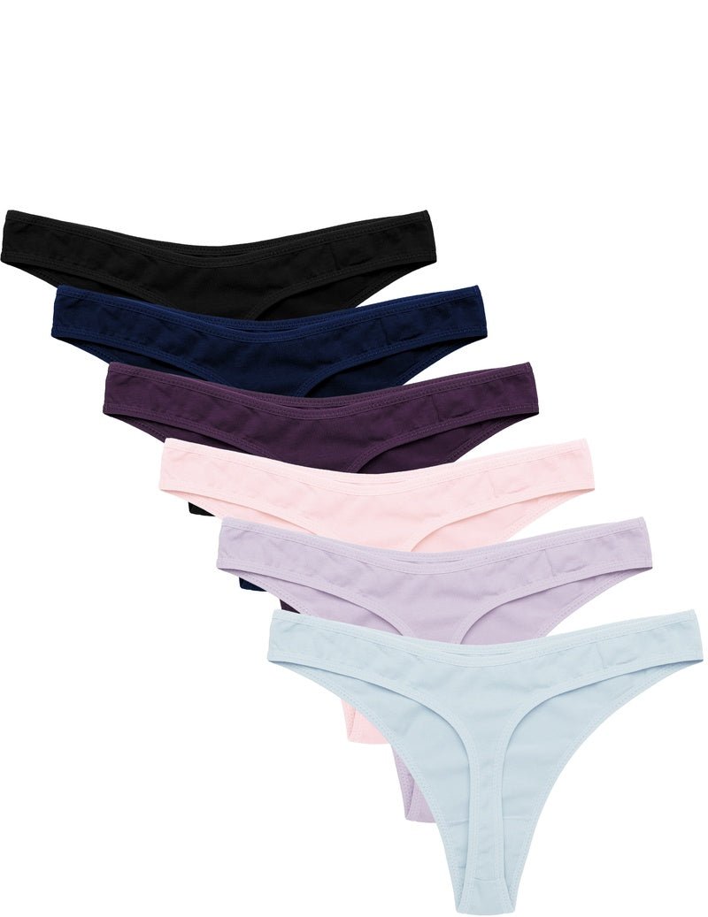 6-pack low-waist cotton G-string thongs in black, navy, purple, pink, lavender, light blue