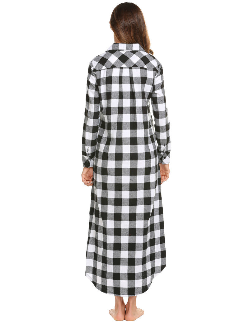 Long Sleeve Full Length Plaid Sleepwear With Pockets