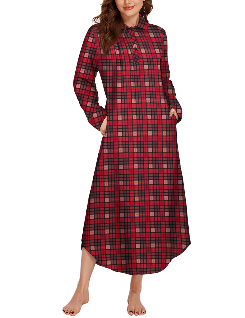 Long Sleeve Full Length Plaid Sleepwear With Pockets