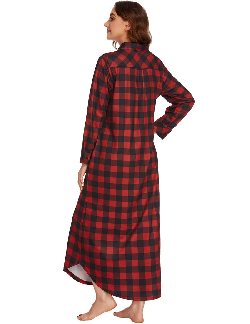 Long Sleeve Full Length Plaid Sleepwear With Pockets