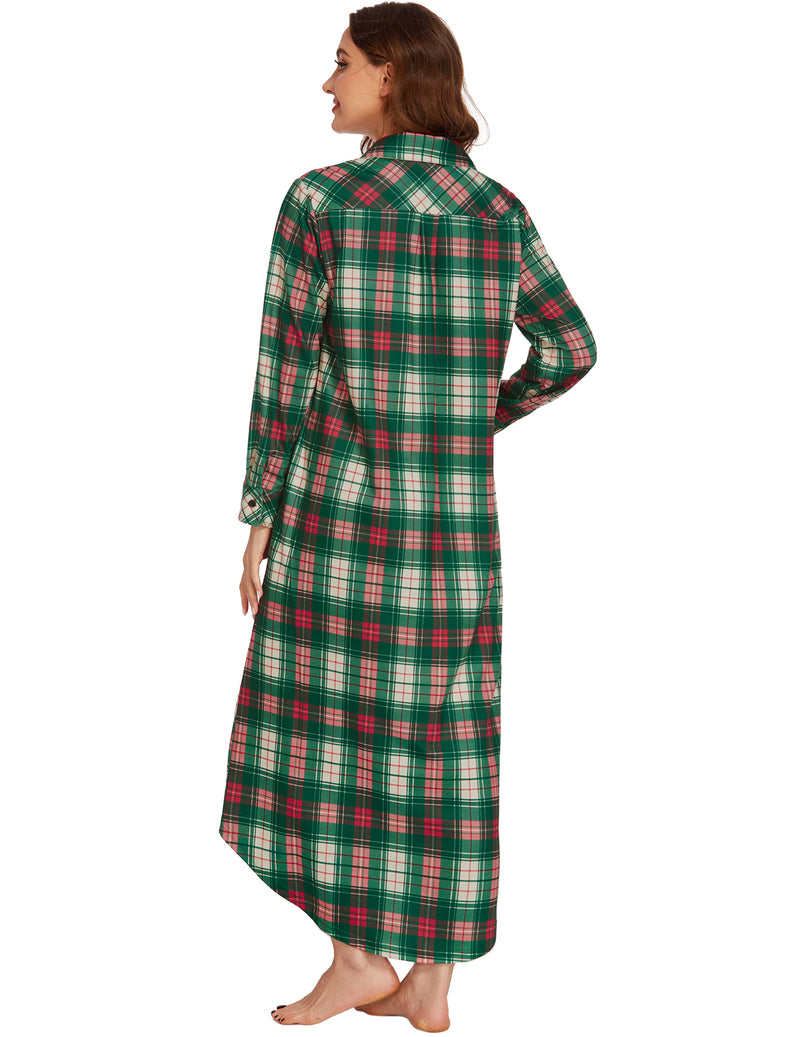 Long Sleeve Full Length Plaid Sleepwear With Pockets