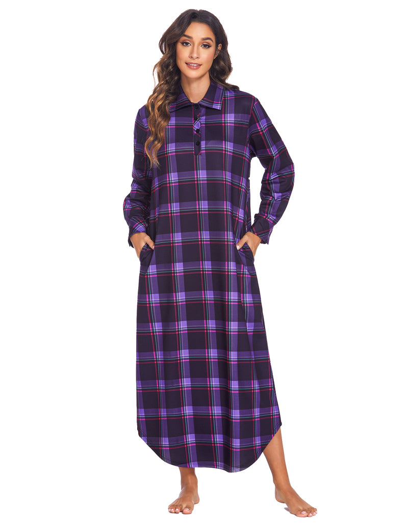 Long Sleeve Full Length Plaid Sleepwear With Pockets