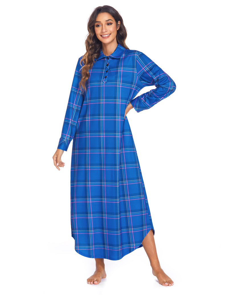 Long Sleeve Full Length Plaid Sleepwear With Pockets