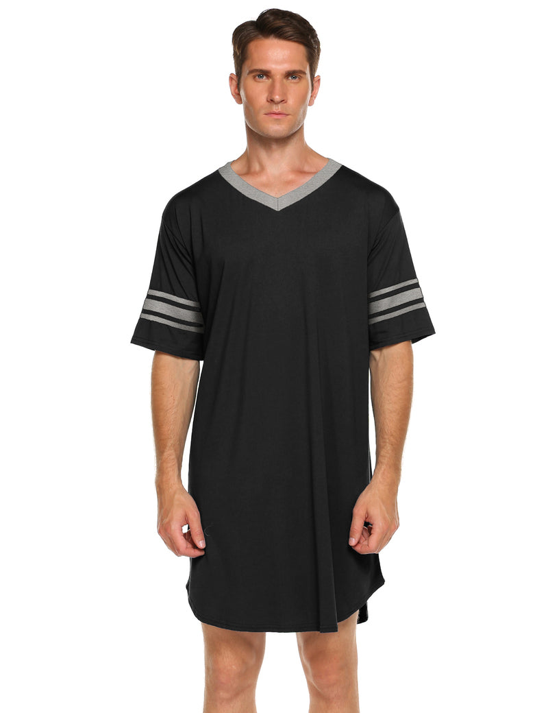 Men's V-neck short-sleeve sleep shirt, black with gray trim and striped cuffs