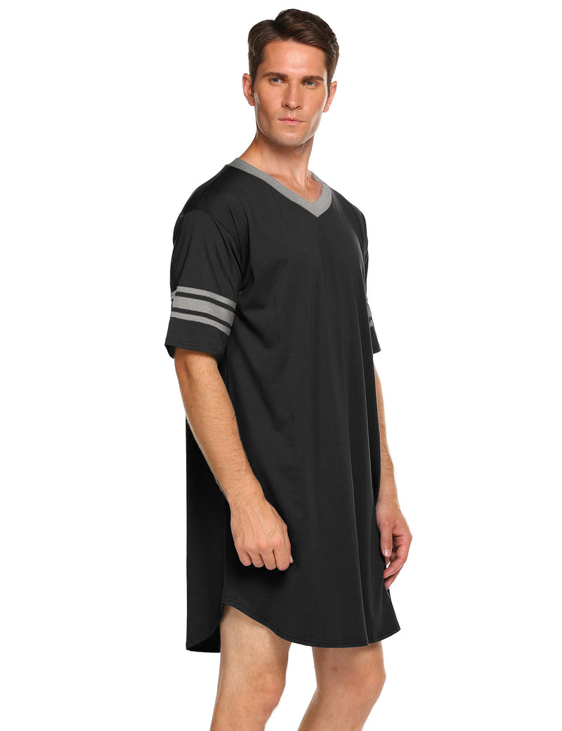 Men's V-neck short-sleeve sleep shirt, black with gray trim and striped sleeve cuffs