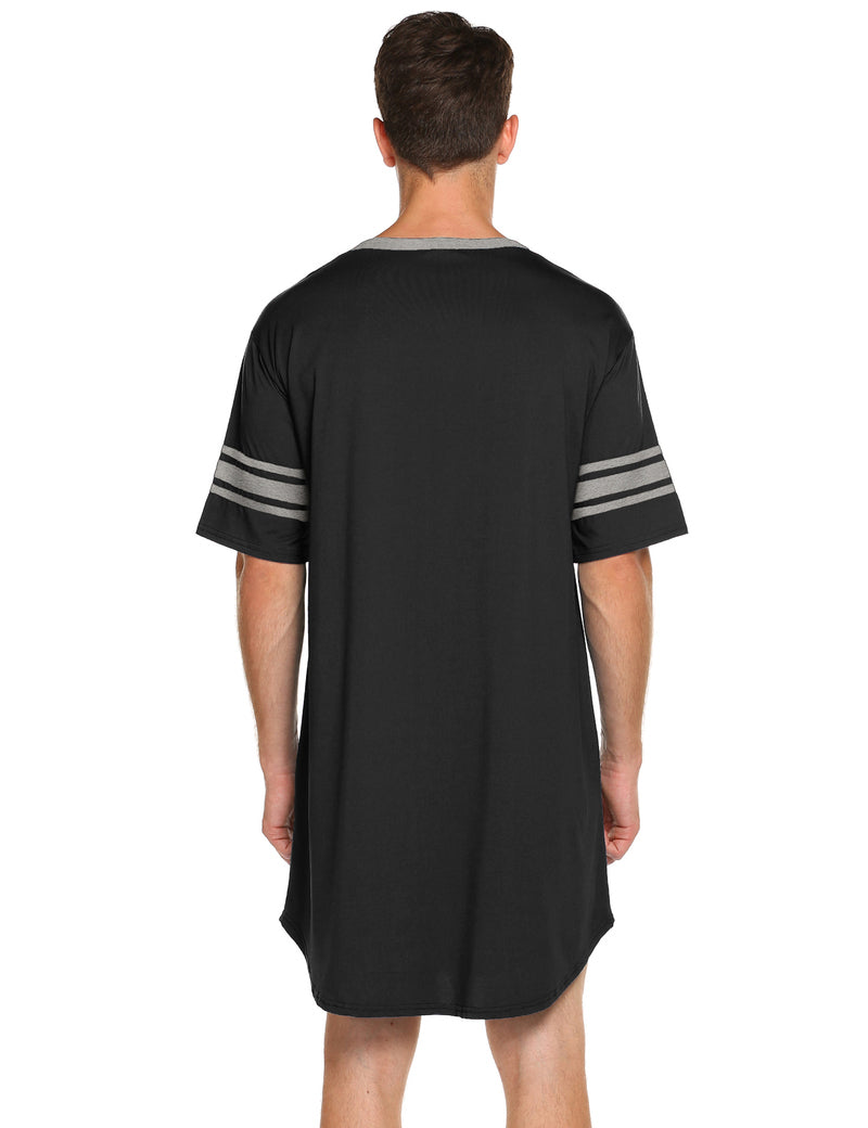 Men's V-neck short-sleeve sleep shirt, black with gray striped sleeve cuffs (back view)