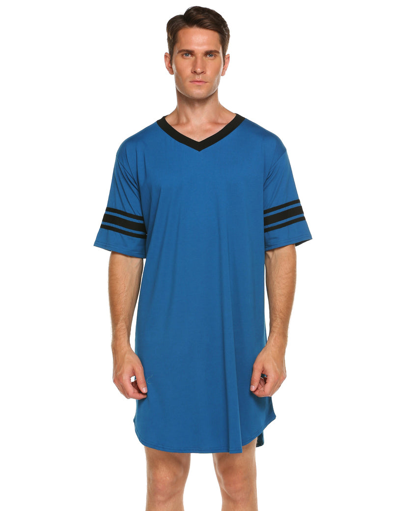 Men's V-neck short-sleeve sleep shirt, blue with black trim and striped sleeve cuffs