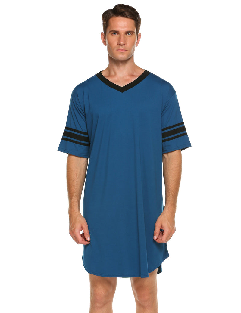 Men's V-neck short-sleeve sleep shirt, blue with black trim and striped sleeve cuffs