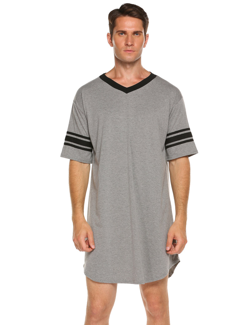 Men's V-neck short-sleeve sleep shirt, light gray with black trim and striped sleeve cuffs