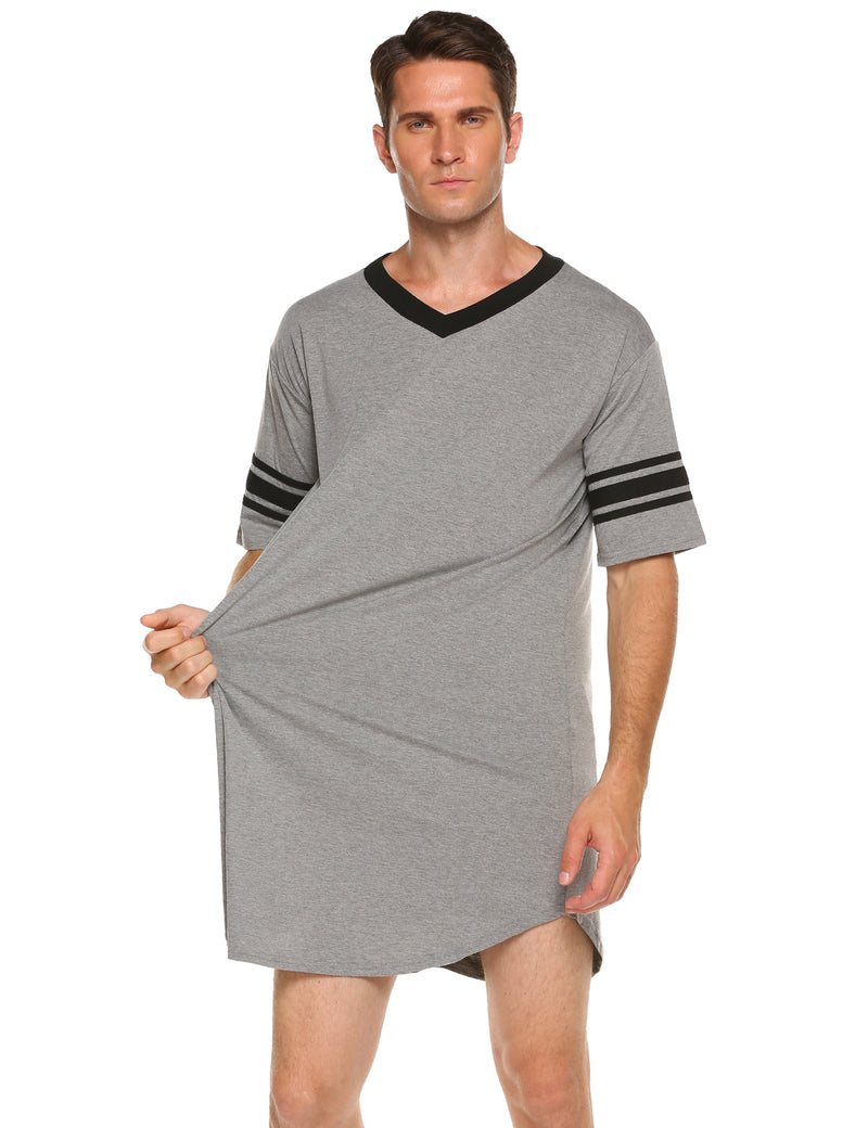 Men's V-neck short-sleeve sleep shirt, light gray with black trim and striped sleeve cuffs