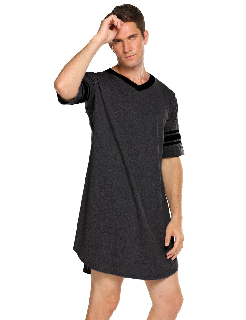 Men's V-neck short-sleeve sleep shirt, dark gray with black trim and striped sleeve cuffs
