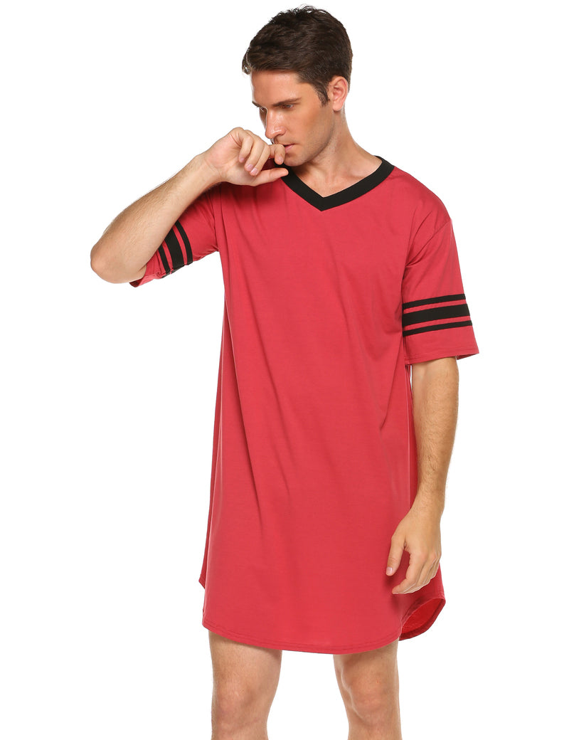 Men's V-neck short-sleeve sleep shirt, wine red with black trim and striped sleeve cuffs